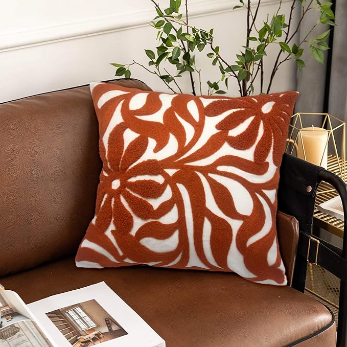 Alysheer Floral Embroidered Throw Pillow Cover 18"x18" 1pc, Burnt Orange