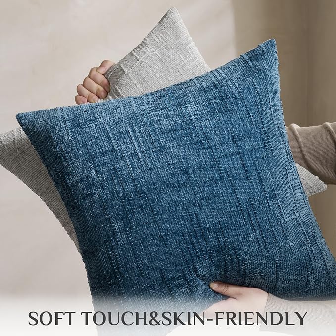 Softalker Navy Blue Throw Pillow Covers - Chenille 18 x 18 Inch Set of 2, Farmhouse Soft Textured Neutral Decorative Cushion Covers for Couch Sofa Bed Living Room, Modern Easter Home Decor Outdoor