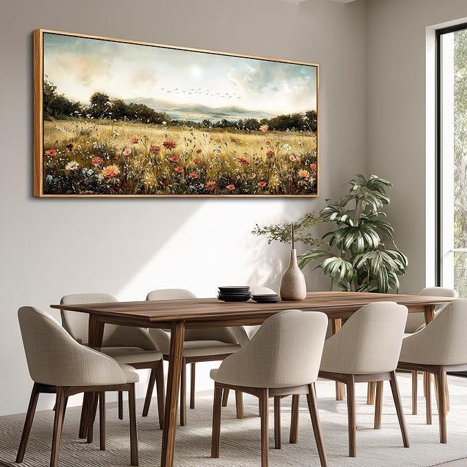 KELIYUAN Large Canvas Wall Art For Kitchen Dining Room Vintage Decor, Lawn Paintings With Flowers Wall Decorations Prints Home Office Living Room Bedroom Restaurant Home Decor 32"X72" Wooden Frame