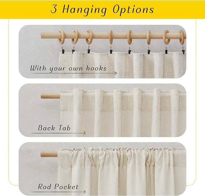 NICETOWN Natural Linen Blend Kitchen Curtains 36 inch Length, Rod Pocket & Back Tab Semi Sheer Privacy Window Treatments Light Filtering for Cafe, W42 x L30, 2 Panels
