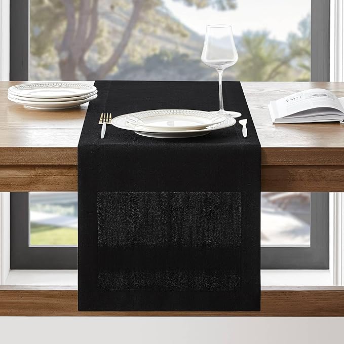ZeeMart Linen Textured Border Table Runner, 14 x 36 Inch Black | Mitered Corner Design, Medium Weight Fabric, Modern Farmhouse Style, Machine Washable Easy Care Everyday Table Scarf