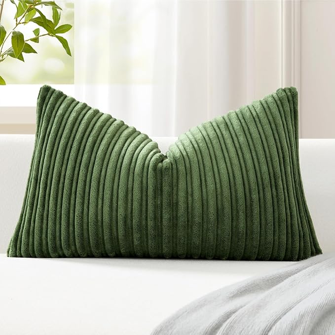 Kevin Textile Striped Corduroy 12”x24” Pillow Cover 1 Pack, Moss Green