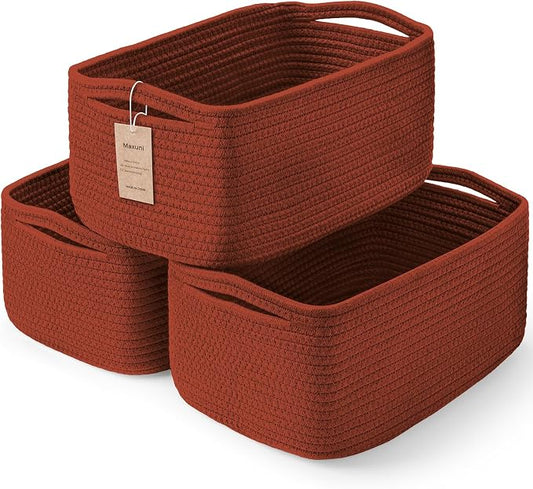 3 Pack Storage Baskets for Organizing, 13.7×9.5×6.3", Brick Red | Woven Baskets for Shelves, Cotton Rope Basket for Gifts Empty, Closet Organizer Bins with Handles, Cube Decorative Box