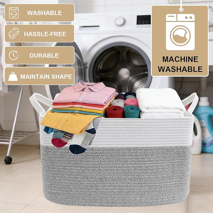 65L Laundry Basket with Handles, Woven Blanket Basket, White/Grey | 21"×16"×12" Collapsible Cotton Rope Storage Basket for Toys Clothes & Pillows, Nursery, Bathroom, Bedroom, Living Room