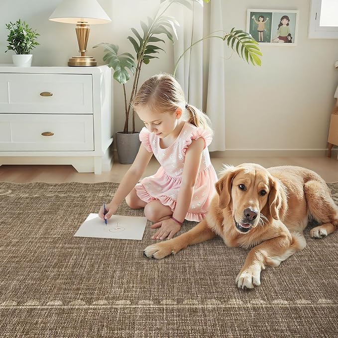 COZYLOOM 4x6 Scalloped Rugs for Living Room, Machine Washable Area Rugs with Rubber Backing, Non Shedding Low Pile Bordered Bow Carpet Stain Resistant Soft Mats for Nursery Dining Room Bedroom, Brown