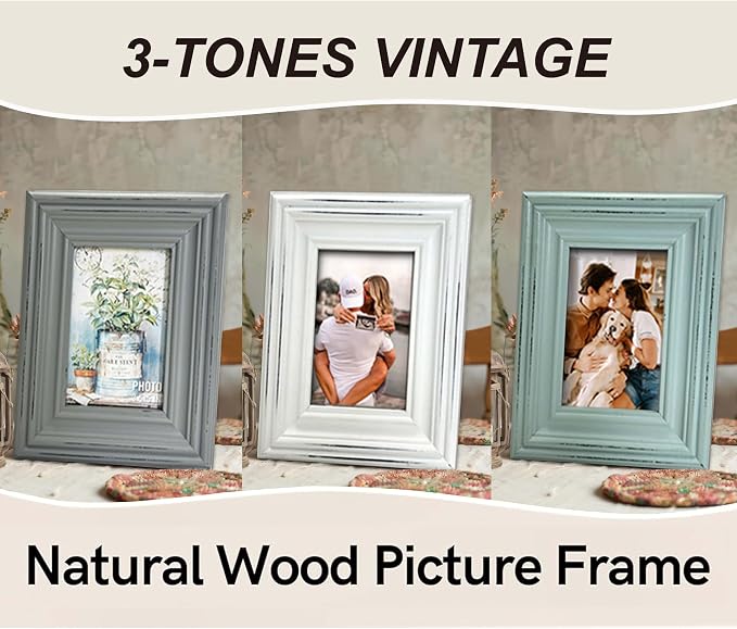 EXQUIDECA Chic Vintage 3.5x5 Inches Wooden Picture Frame Pack of 3 Farmhouse Aqua Grey White - Rustic Thick Wood High Definition Glass Photo Frame Outside 6.1x7.7 Inches