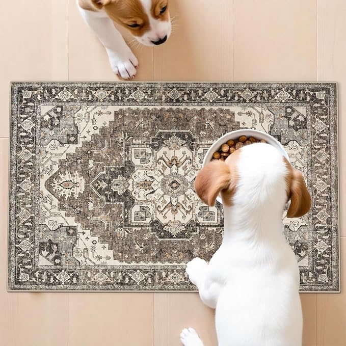 Washable Entryway Area Rug 2x3 - Small Entrance Rug Vintage Distressed Mat Oriental Non-Slip Non-Shedding Carpet Soft Thin Stain Resistant Indoor Floor Doormat for Bedroom Bathroom Kitchen (Beige,2x3)