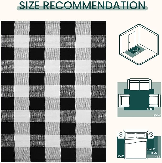KOZYFLY Buffalo Plaid Rugs 2x4.3 Ft Black and White Rug Front Door Mat | Washable Front Door Rug, Woven Cotton Indoor Outdoor Rug, Front Porch Kitchen Entryway Patio Farmhouse Checkered Doormat