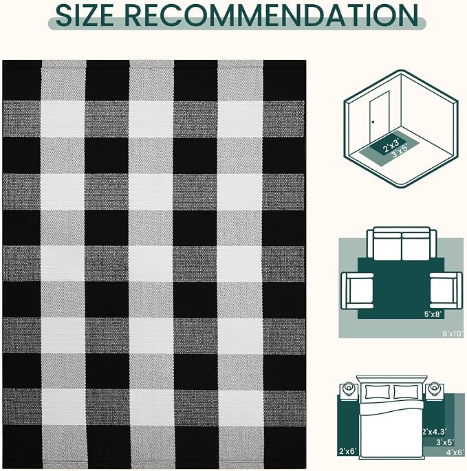 KOZYFLY Buffalo Plaid Area Rug 4 x 6 Ft Black and White Checkered Rug Washable Outdoor Rugs Cotton Rugs for Bedroom Front Door Mat Carpet for Front Porch Living Room Dining Room Kitchen | Washable Outdoor Rugs, Cotton Front Porch Rug, Woven Front Door ...