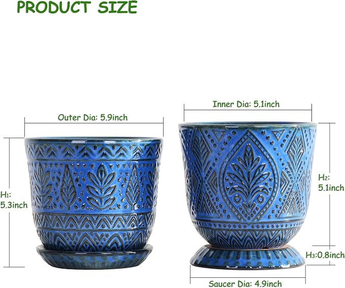 Gepege Ceramic Plant Pots, 6 Inch Indoor Planters with Drainage & Saucers | Ceramic pots for plants with drainage holes, ceramic saucers and mesh pads, ideal for flowers, herbs and succulents, set of 2