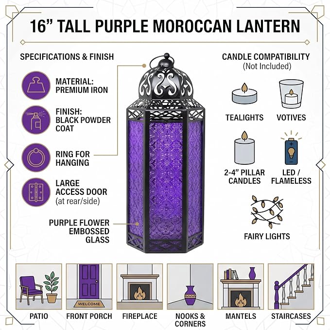 Vela Lanterns Decorative Indoor Tall Floor Candle Holder, Purple, XL | Extra Large Gothic Whimsigoth Decor, Moroccan Lantern, Halloween Witch Lamp, Indoor Outdoor Patio, 16.3" Tall