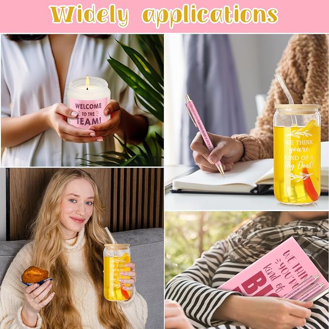 Thenshop 6 Pcs Welcome to the Team Gifts Bulk for New Employee Inspirational Glass Tumbler Notebook Pens Scented Candle with PVC Bag Employee Appreciation Gift Set for New Coworker Office (Pink)