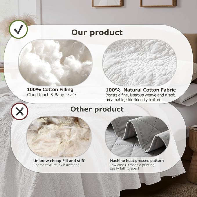 palassio White Paisley 100% Cotton Quilt Queen Size Bedding Sets with 2 Pillow Shams, Boho Floral Lightweight Farmhouse Country Vintage Soft Bedspread Shabby Chic Coverlet for All Season, 3 Pieces