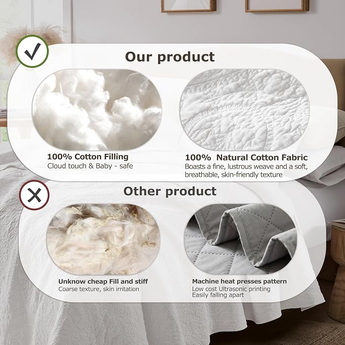 palassio White Paisley 100% Cotton Quilt King Size Bedding Sets with 2 Pillow Shams, Boho Floral Lightweight Farmhouse Country Vintage Soft Bedspread Shabby Chic Coverlet for All Season, 3 Pieces