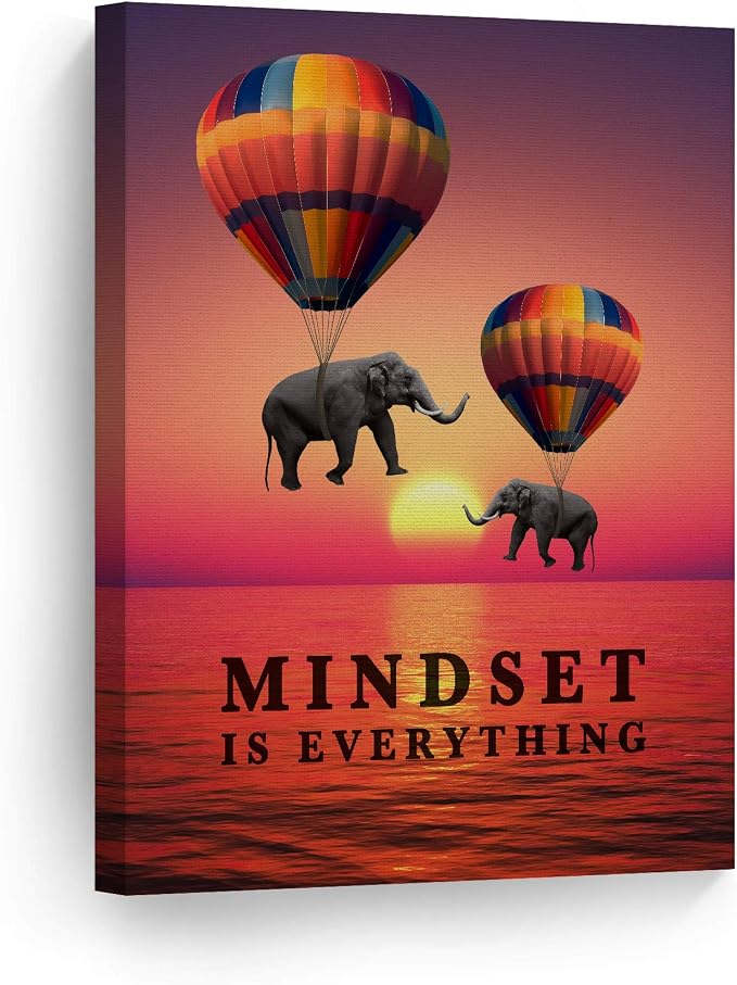 Smile Art Design Mindset is Everything Elephant with Balloon Sunset View Motivational Wall Art Canvas Print Inspirational Entrepreneur Quote Modern Office Decor Artwork Gift Ready to Hang 12x8