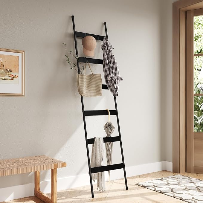 ELYKEN Blanket Ladder, 6-Tier Towel Rack, Wall-Leaning Quilt Holder | Farmhouse Wood Display Stand with 4 Hooks, Decorative Rack Shelf for Living Room, BedRoom, Bathroom, Black