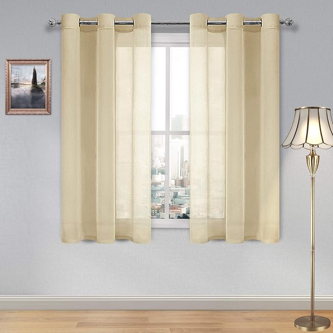 DWCN Beige Sheer Curtains, Short Faux Linen Voile Semi Sheer 54 Inches Long Grommet Top Window Curtain Drapes Treatment for Living Room Bedroom, Set of 2 Panels 46 x 54 Inches, Beige
