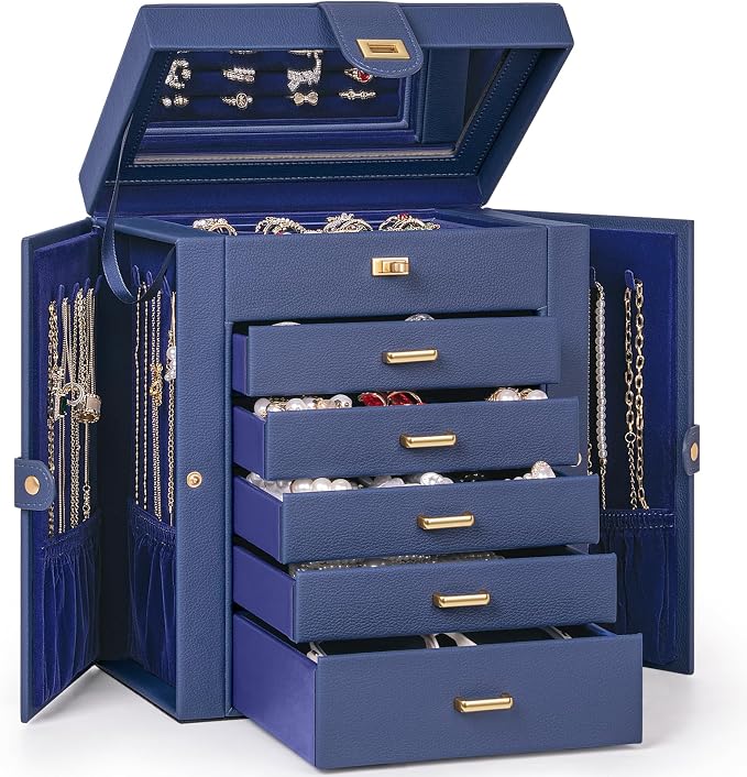 AKOZLIN 6-Tier Jewelry Box Organizer Functional 5 Drawers Leather Jewelry Storage Case for Women Girls Ring Necklace Earring Bracelet Holder Organizer with Mirror Medium Blue