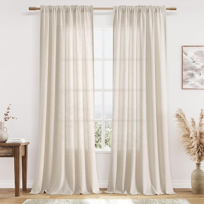 Warm Beige Linen Curtains 102 Inches Long 2 Panel Set Rod Pocket Semi Sheer Dining Room Cozy Bedroom Decor Cotton Look Country Rustic Farmhouse Boho Curtains 52x102
