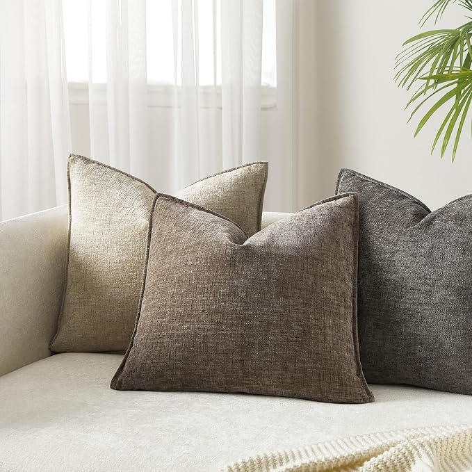 JUSPURBET 16x16 Chenille Decorative Throw Pillow Covers Set of 2,Stone | Cozy Soft Cushion Covers Case with Hidden Zipper for Couch Sofa Bed Home Decor Living Room