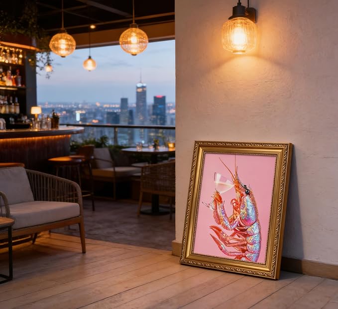 Vintage Gold Framed Bar Wall Art, Funny Pink Lobster With Martini Cocktail Canvas Print, Trendy Summer Coastal Beach Crayfish Painting Picture Poster Artwork for Kitchen Dining Room Restaurants