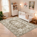 GarveeHome 5x7 Washable Rug for Bedroom Vintage Bordered Carpets | Non-Slip Low Pile Botanical Accent Mats Vintage Flower Throw Floor Cover Floral Rugs for Living Room Dining Room Brown