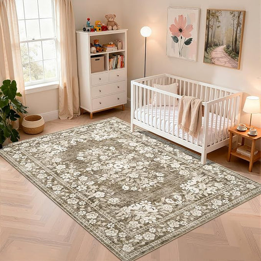 GarveeHome 5x7 Washable Rug for Bedroom Vintage Bordered Carpets | Non-Slip Low Pile Botanical Accent Mats Vintage Flower Throw Floor Cover Floral Rugs for Living Room Dining Room Brown