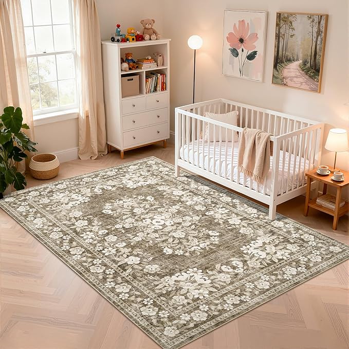 GarveeHome 3x5 Area Rug for Bedroom Vintage Floral Bordered Floor Carpets | Flower Leaf Accent Mat for Dining Room Machine Washable Non-Slip Low Pile Brown Area Rug for Living Room Hallway Entryway
