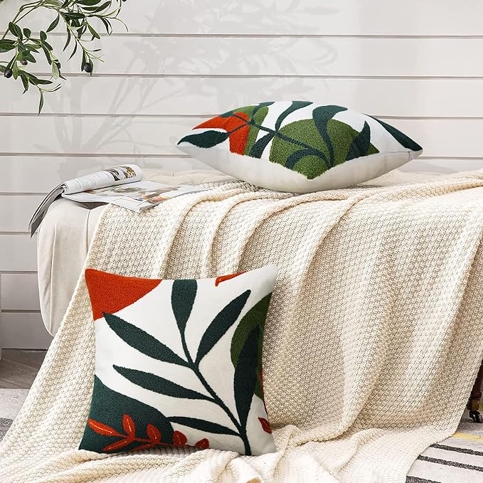 Merrycolor Boho Decorative Throw Pillow Covers 18x18 Tufted Abstract Mid Century Modern Pillow Covers Aesthetic Boho Pillows Decorative Pillows for Bed Couch Sofa Living Room Dark Green Orange(B)
