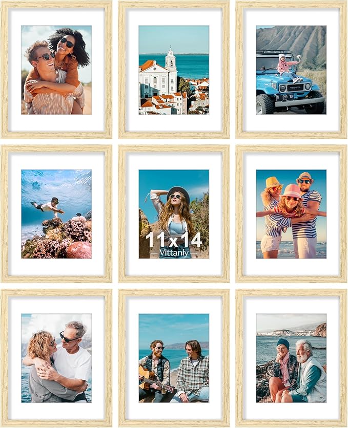Vittanly 11x14 Picture Frames Set of 9, Shatter Resistant Plexiglass, Display 8x10 Pictures with Mat or 11x14 without Mat, Photo Frames for Wall or Tabletop, Engineered Wood, OAK | Display Pictures 8x10 with Mat or 11x14 without Mat, Engineered Wood wi...