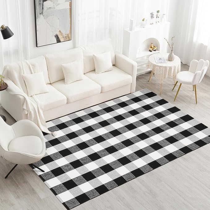 Buffalo Plaid Area Rug 4x6 Ft, Black White Indoor Outdoor Rug | Cotton Blend, Black White Checkered, Machine Washable, Front Porch Entryway, Kitchen Bathroom
