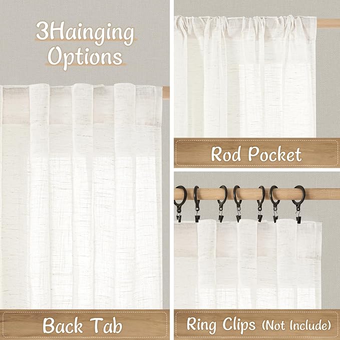 Natural Linen Window Curtains 54 Inch Length, Ivory Cream | Light Filtering Semi Sheer Panels, Short Window Curtains for Kitchen, Bedroom, Back Tab Rod Pocket , 2 Panels, 34 x 54 Inch