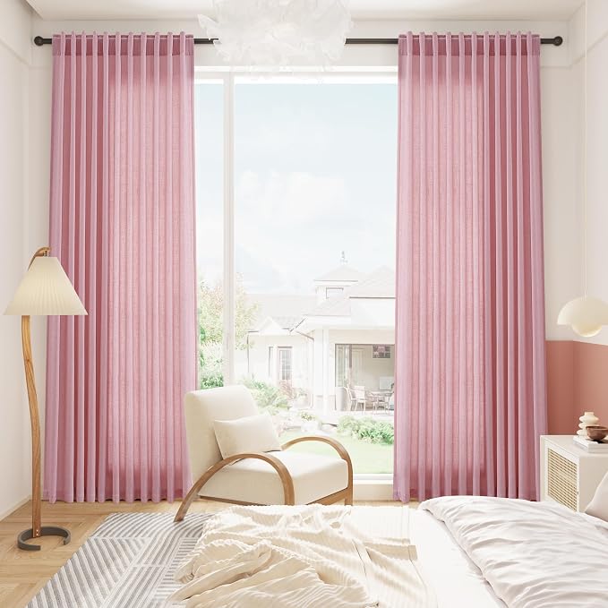 Rose Linen Curtains 108 Inches Long 2 Panels Set with Back Tab Loop Pocket Light Filtering Semi Sheer Boho Decor Extra Long Drapes for High Ceiling Living Room 52x108