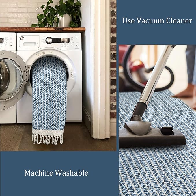 Lahome Boho Bathroom Runner Rug, 2x6 Washable Rugs for Kitchen Hallway | Woven Cotton Laundry Room Throw Carpet with Tassels, Farmhouse Decor Blue Non Shedding Lightweight Mat for Entryway Bath
