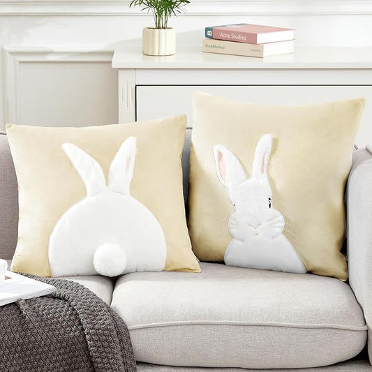 Pack of 2 Spring Easter Pillow Covers 18x18 Inch,3D Embroidered Bunny Rabbit Pillowcase Throw Covers Velvet Easter Decorative Cushion Cover (Beige-2PCS)