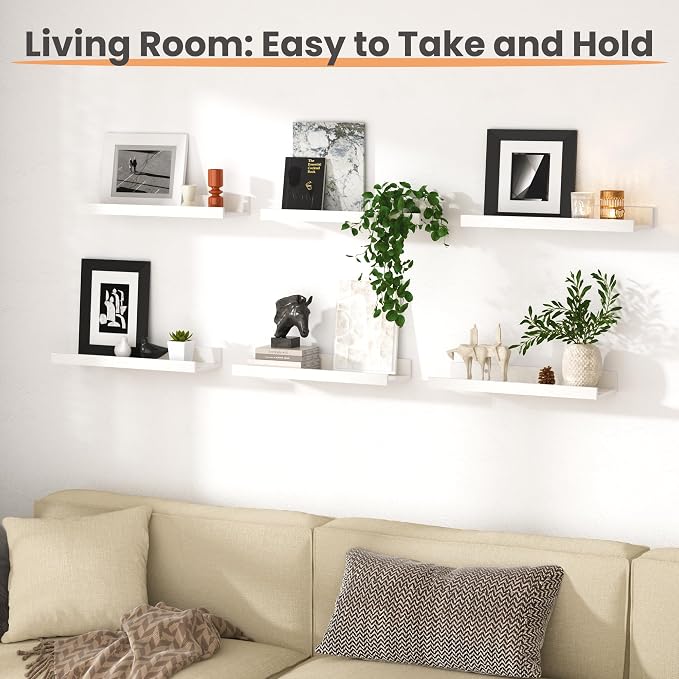 upsimples Floating Shelves for Wall, Wall Shelves for Decor Storage Set of 6, Wall Mounted Wood Shelf for Bedroom, Living Room, Bathroom, Kitchen, Picture Ledge Shelf, White (Pack of 2)