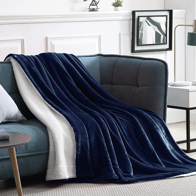 Walensee Sherpa Fleece Blanket (Queen Size 90”x90” Navy) Plush Throw Fuzzy Super Soft Reversible Microfiber Flannel Blankets for Couch, Bed, Sofa Ultra Luxurious Warm and Cozy for All Seasons