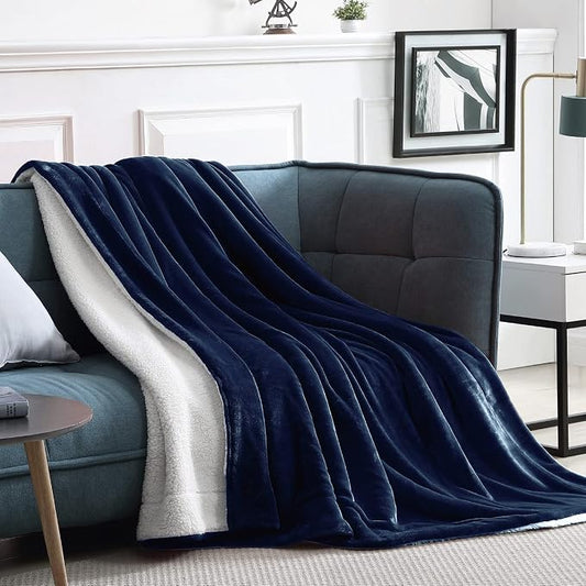 Walensee Sherpa Fleece Blanket (Queen Size 90”x90” Navy) Plush Throw Fuzzy Super Soft Reversible Microfiber Flannel Blankets for Couch, Bed, Sofa Ultra Luxurious Warm and Cozy for All Seasons