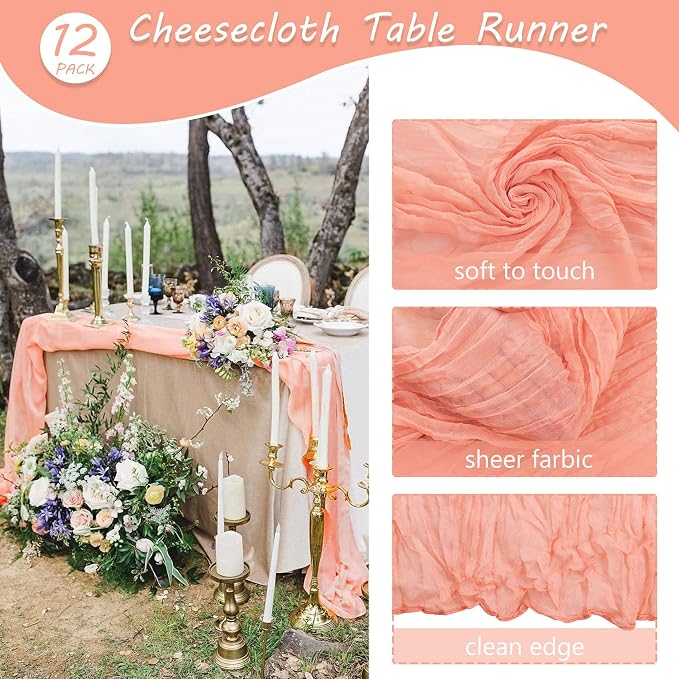 12 Pack Cheesecloth Table Runner 35x72 Inch Boho Gauze Table Runner Rustic Cheese Cloth Long Romantic Table Runners for Wedding Bridal Shower Birthday Party Table Decor (Peach Coral)