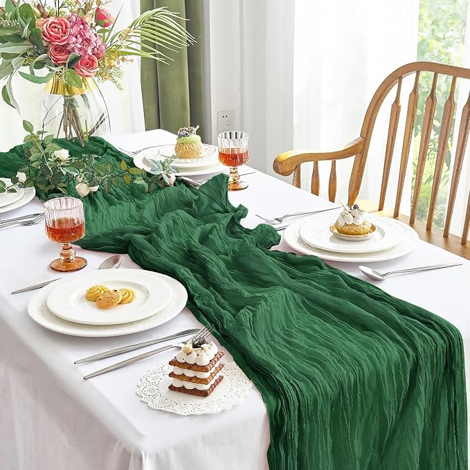 IVAPUPU Emerald Green Table Runner 120 Inch for Christmas Party Home Decor | 4 Pcs Boho Gauze 10FT Cheesecloth Table Runners for Wedding Baby Shower Decorations Summer Garden Farmhouse