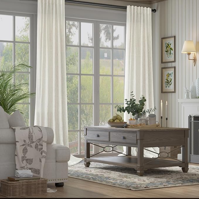 Pitalk Natural Linen Boho Curtains 84 Inch Length 2 Panels Cream Ivory Light Filtering Semi Sheer Panels Floor Length Drapes for Bedroom Living Room Back Tab Pocket 34 x 84 Inch Long 7FT 7 FT Tall