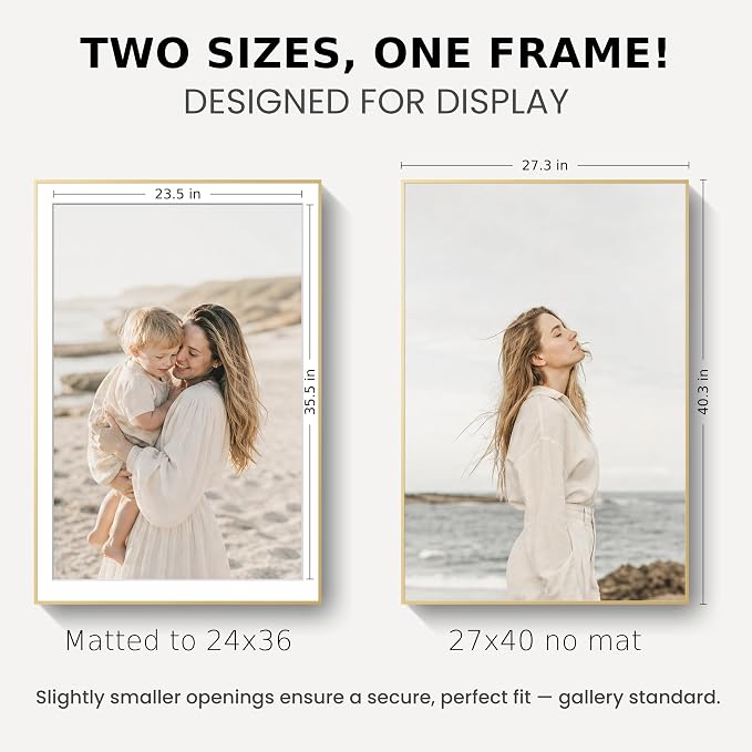 27x40 Poster Frame Gold, Aluminum Metal 27 x 40 Frame with Removable Mat, 27 by 40 Gold Picture Frame Matted to 24x36 Photo, Real Tempered Glass for Home and Office Gallery Wall, 1 Pack