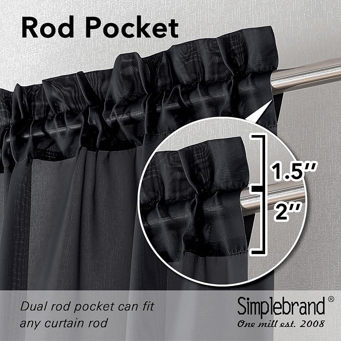 Simplebrand Black Short Sheer Curtains 45 Inch Length for Small Windows, Rod Pocket 2 Panels Set Solid Voile Drapes Window Sheer Curtains for Bedroom Bathroom Kids Room Kitchen, 42x45 Inch