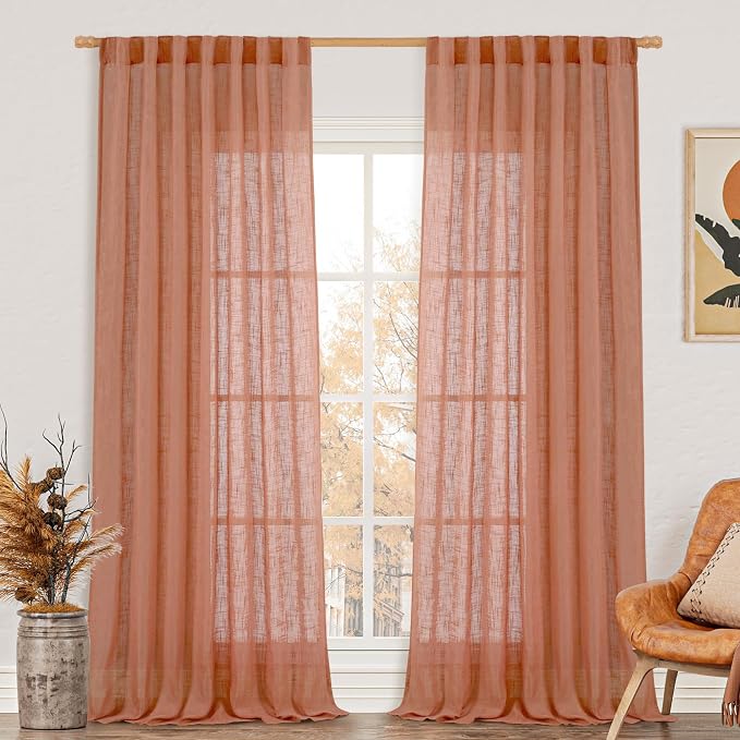 Extra Wide Linen Curtains for Bedroom Living Room 60 x 84 Inch | Terracotta, Fall Decor, Light Filtering, Faux Linen Textured, Semi Sheer, French Door, Rod Pocket Back Tab, 2 Panels