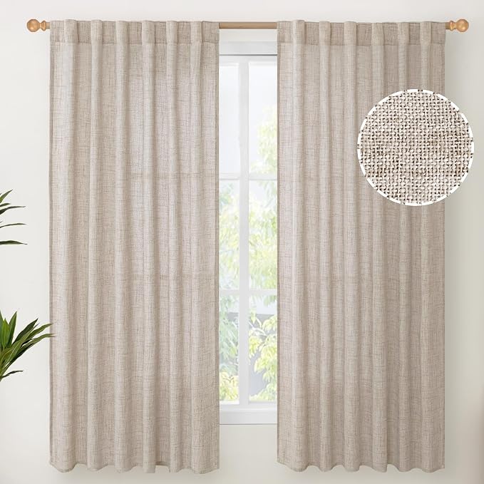 YoungsTex Beige Linen Semi Sheer Curtains 63 Inch Length for Living Room | Light Filtering Drapes with Rod Pocket Back Tab Natural Textured for Country Bedroom Window, 2 Panels, 52 X 63 Inch