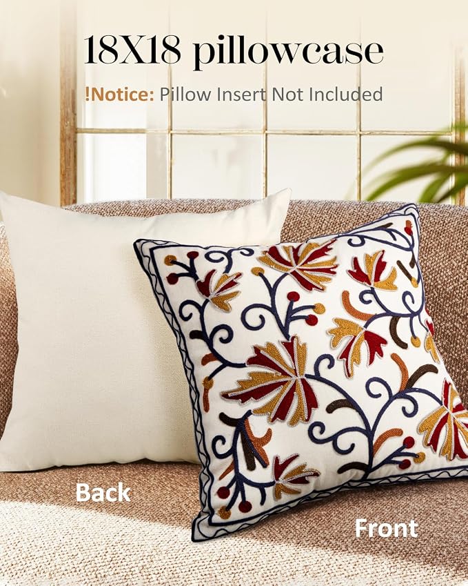 Embroidered Throw Pillow Cover - 18x18 Decorative Pillow Cover with Zipper Aesthetic Cute Design Boho Spring Summer Throw Pillowcase for Living Room Couch Sofa Bed, Fall Flower