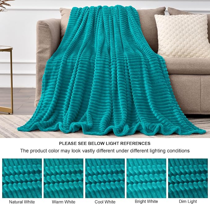 BEDELITE Ribbed Jacquard Ocean Blue Fleece Twin Blanket for Bed, 60x80 Inch | Soft Warm Decorative Fluffy Blanket, Cozy Plush Lightweight Fuzzy Throw Blanket for Couch Sofa Room Decor, Gift for Women