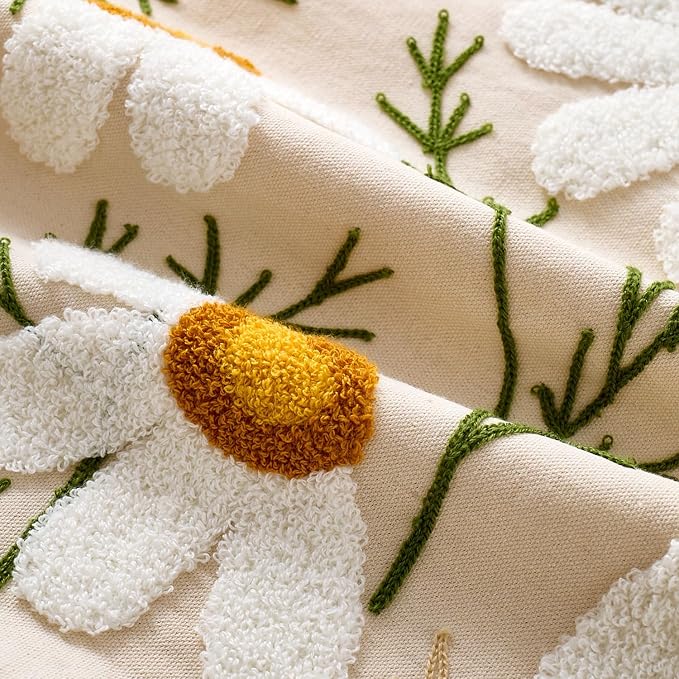 Embroidered Throw Pillow Covers Boho Farmhouse Daisy Tufted Pillow Covers Floral Decorative Couch PillowCases 18x18 Cottagecore Square Cushion Cover Set of 2 for Living Room Couch Sofa Bed Home Decor