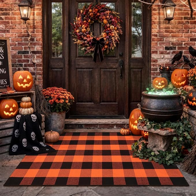 LEEVAN Halloween Buffalo Plaid Door Mat 3x5 Layering Front Porch Rugs | Washable Black and Orange Fall Thanksgiving Checkered Outdoor Doormat, Fall Decor Woven Door Mat for Patio Entryway Kitchen