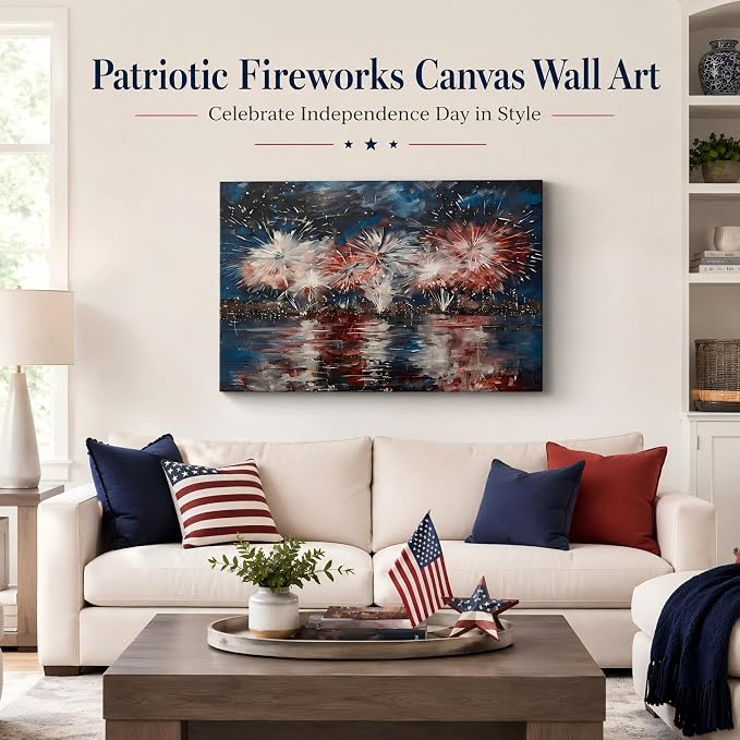 Patriotic 4th of July Fireworks Framed Canvas Wall Art, Red White Blue City Night Skyline Painting, Independence Day Holiday Decor for Living Room, Bedroom, Kitchen and Home Decoration